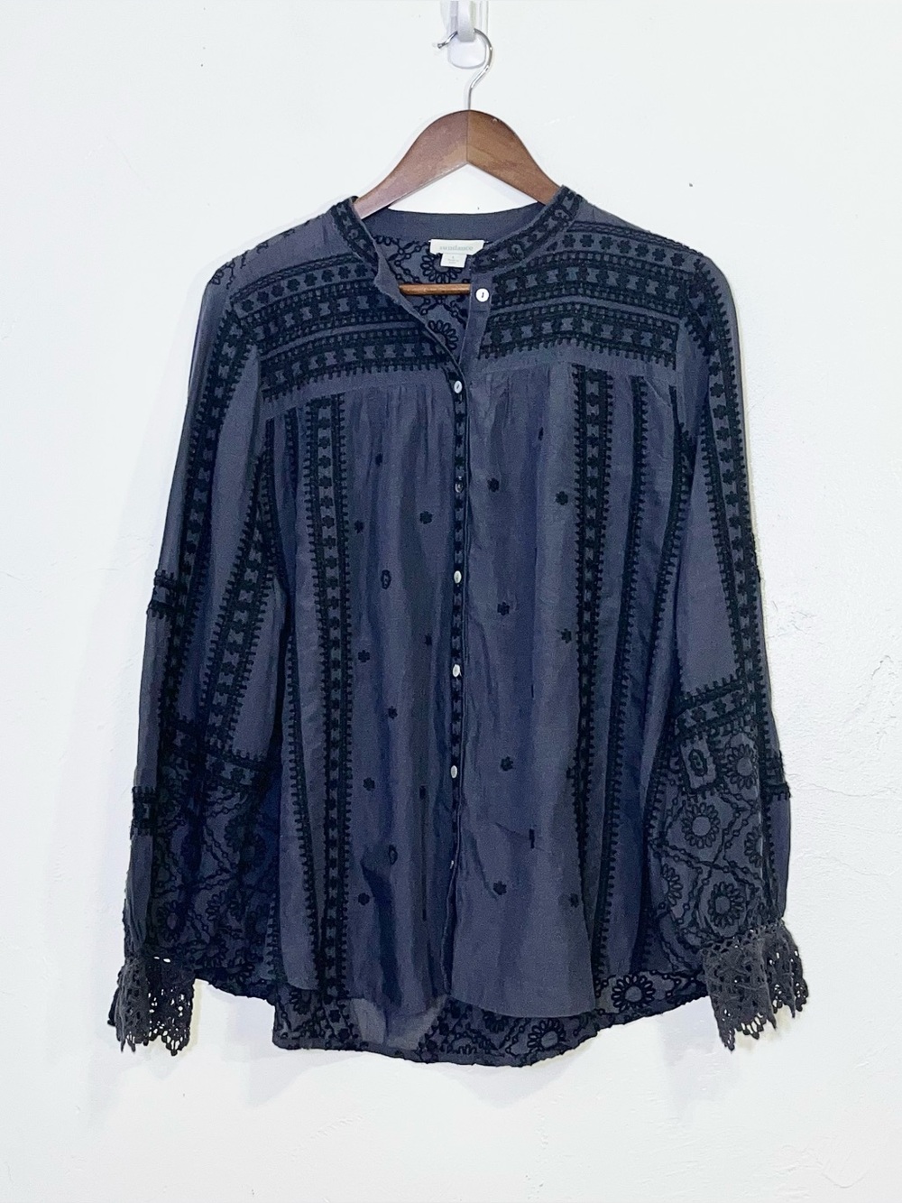 Sundance Corrine Romance Embroidered Blouse Caviar Gray Boho Lace Cuff Top - Picture 6 of 9